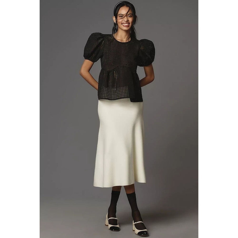 Anthropologie Maeve Short-Sleeve Babydoll Blouse Womens Medium Black Puff Sleeve - Picture 3 of 9